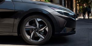 Close view of the front tire of a dark gray 2021 Hyundai Elantra. | Hyundai dealer in North Little Rock, AR.