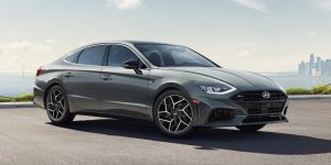 A parked, silver 2021 Hyundai Sonata. | Hyundai dealer in North Little Rock, AR.