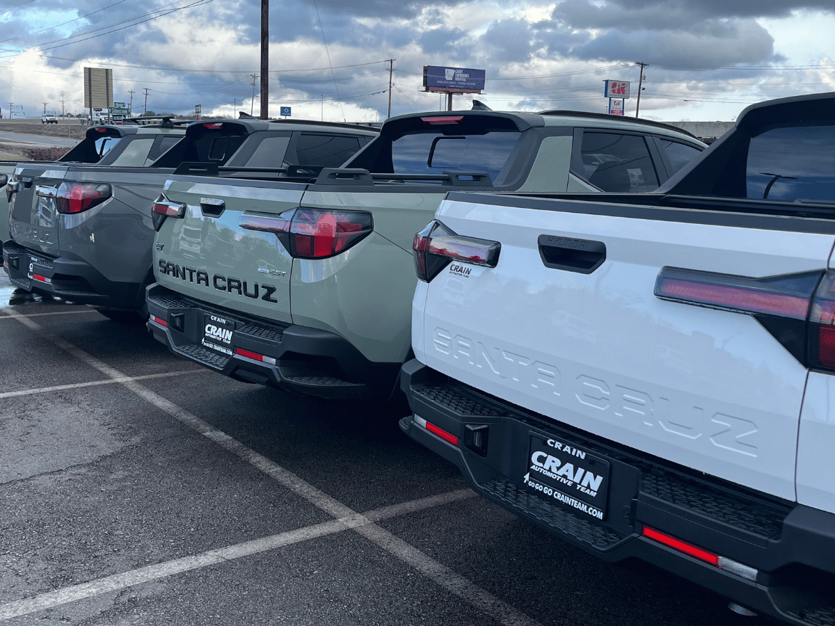 Lineup of new 2025 Hyundai Santa Cruz trucks at Crain Hyundai of North Little Rock