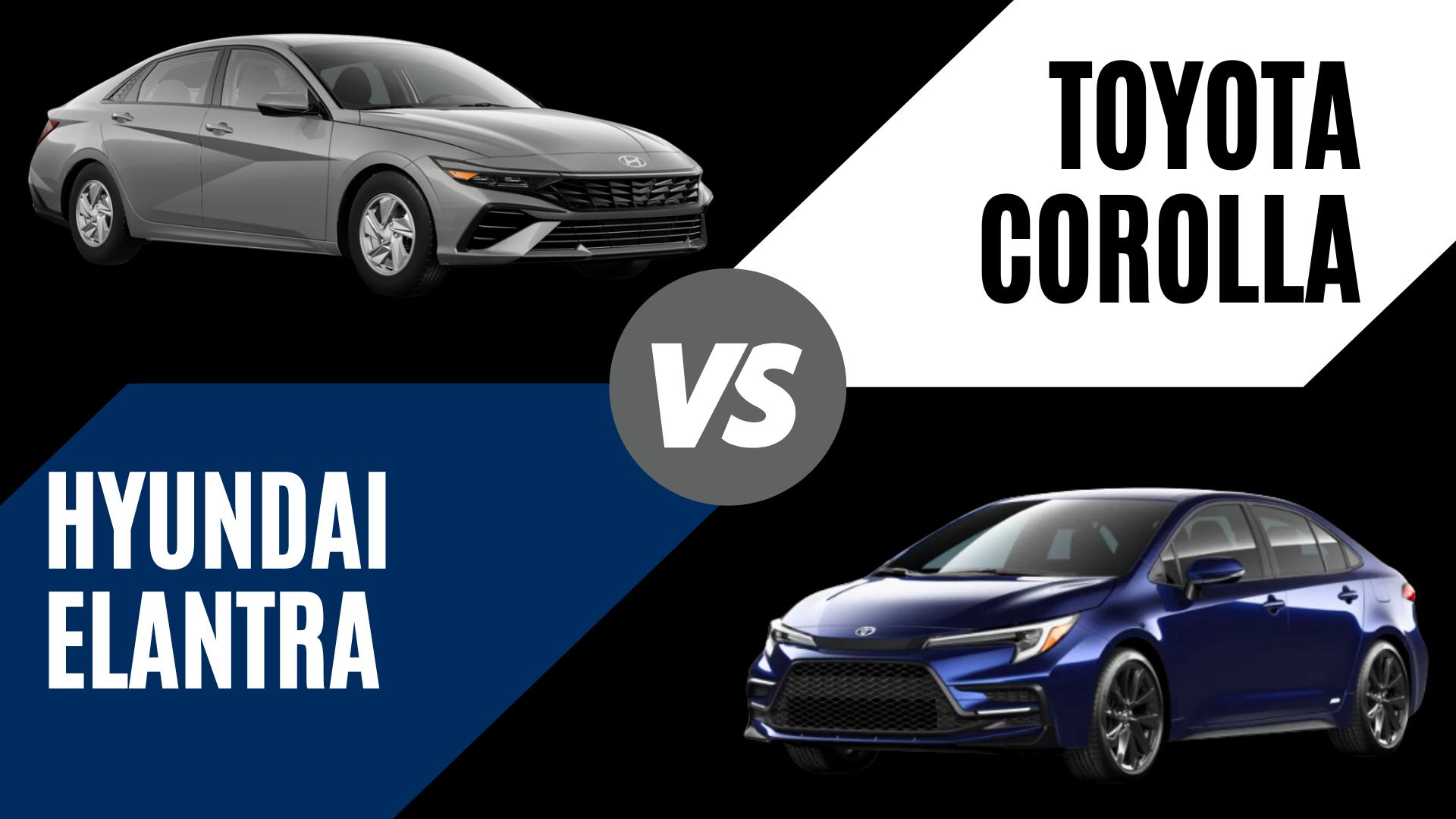 Side-by-side comparison of a grey 2026 Hyundai Elantra and a deep blue 2026 Toyota Corolla for Crain Hyundai of North Little Rock.